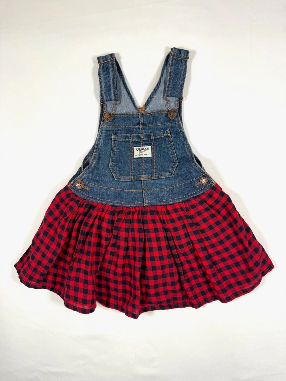 OSHKOSH B’GOSH Toddler Girl Denim Plaid Vestbak Overall Dress Western Cowgirl 3T